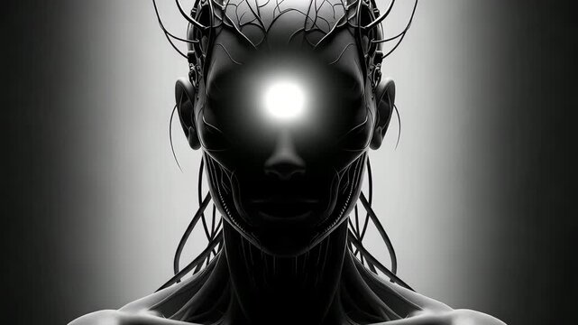Dark futuristic humanoid portrait with luminous third eye radiating energy, symbolic representation of enlightenment, higher consciousness, and synthetic spirituality