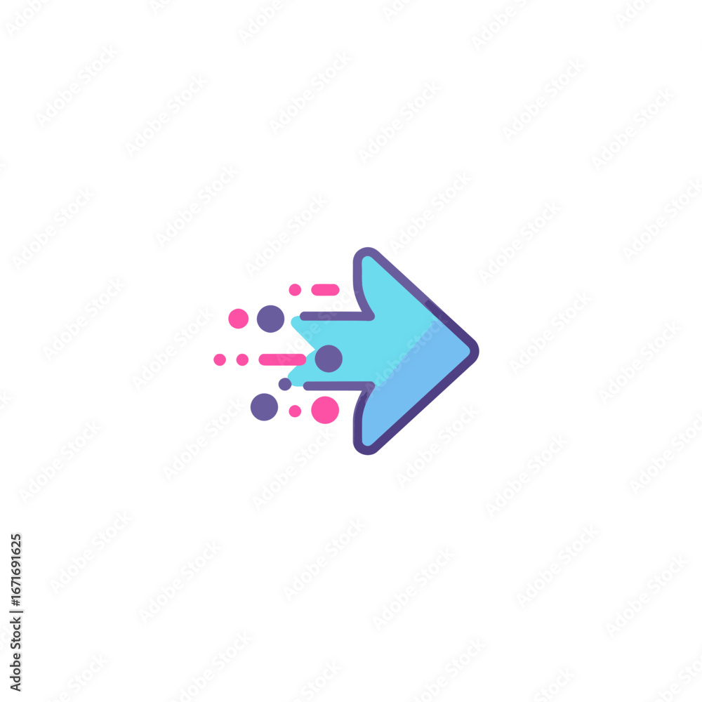 Poster isolated blue arrow illustration with digital speed effect and scattered dots on white background. c