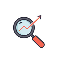 Magnifying glass highlights ascending red arrow line on white background, showcasing upward progress. Concept for market analysis, business growth and data visualization