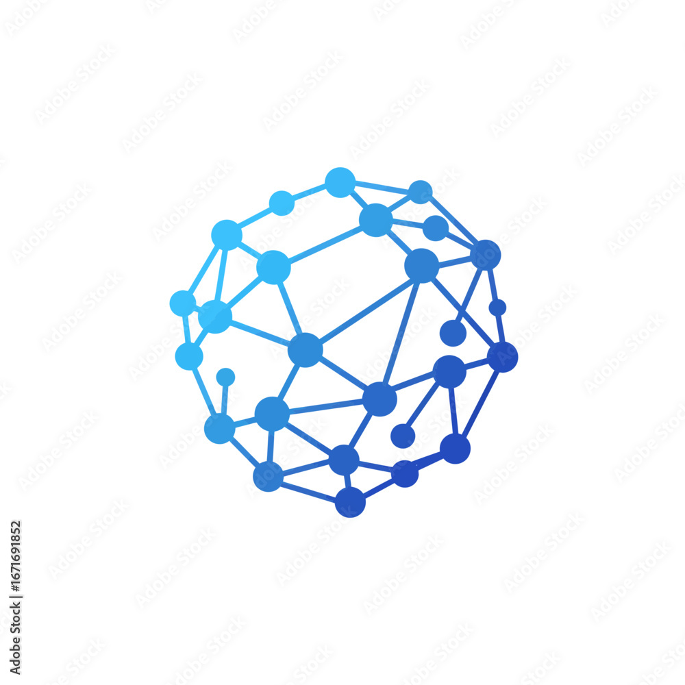 Poster abstract interconnected nodes forming a spherical network structure with blue gradient colors, conce