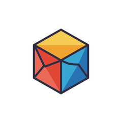 Vibrant geometric hexagon features red, blue, and orange segments with dark outline. Concept for modern graphic design, abstract representation and corporate logo design