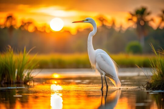 A serene scene of a white egret standing in water at sunset, reflecting the golden sky and creating a peaceful and picturesque natural landscape