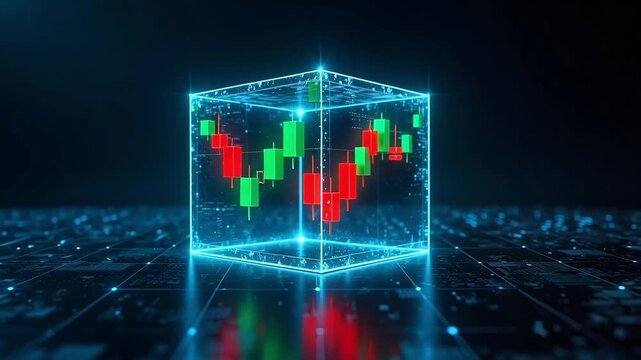 Animated stock market graph in a blue cube for financial analysis and business presentations