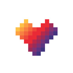 Gradient pixelated heart shape with orange, red, and purple hues against a white background. concept for digital greeting card, modern love symbol and abstract graphic design.