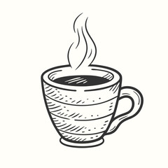 Steaming dark coffee rests inside a quaint cup with handle on clear background