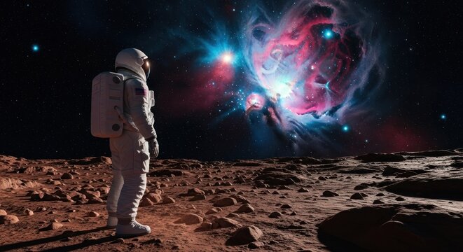 Astronaut on Martian landscape, gazing at nebula