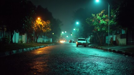 Nighttime street scene with glowing streetlights illuminating wet pavement and trees