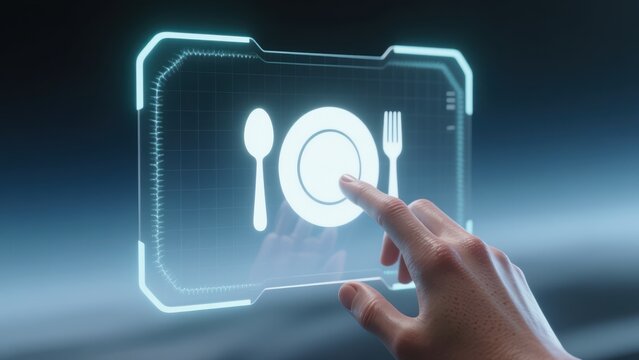 A hand interacting with transparent digital interface showing glowing food icon, futuristic hotel property management system, pms, hotel booking design
