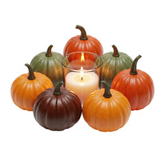 A festive arrangement of various colored pumpkins encircling a glowing candle in a glass holder, perfect for autumn, thanksgiving, or halloween decor.