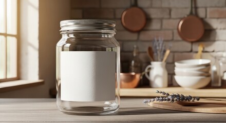 Authentic home kitchen, featuring a clear jar, with rustic details and a window light
