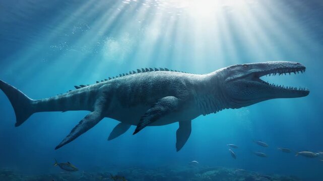 Underwater world with mosasaurus, a giant marine reptile from the late Cretaceous period. extinct