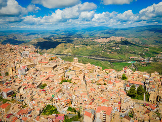 Enna city centre aerial panoramic view, Sicily
