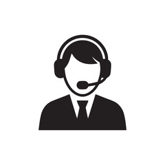 A black and white graphic of a person with a headset wearing a suit and tie illustration icon style