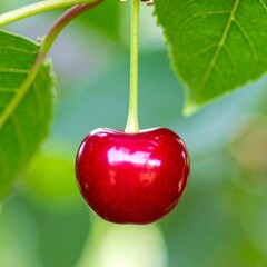 A vibrant, ripe cherry hangs from a branch, showcasing its glossy red skin against a backdrop of lush green leaves.