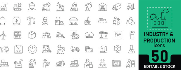  Industry and Production Line Icon Set. Collection of 50 outline icons featuring factory, automation, assembly line, gear, worker, process, and machinery. Editable stroke. Linear vector illustration