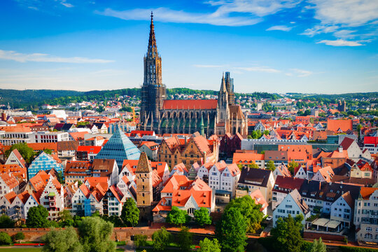 Ulm Minster Church aerial panoramic view, Germany
