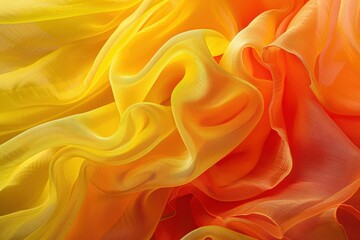 Fototapeta premium A close-up view of vibrant, flowing fabric with a gradient of yellow and orange hues, showcasing soft folds and textures.