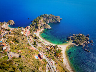 Isola Bella beach aerial panoramic view in Taormina