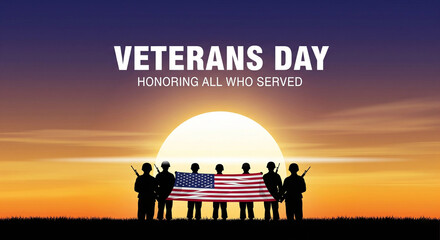 Veterans Day 2025 | Silhouette of soldiers with american flag at sunset for veterans day honoring all who served