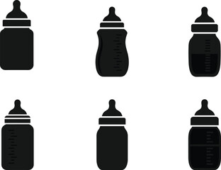 Vector illustration set of baby milk bottles, different shapes and styles, black icon silhouettes for infant feeding, childcare and nutrition themes