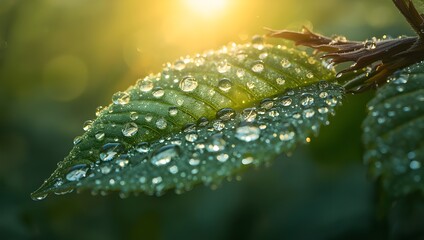 Macro close-up shot of fresh, vibrant blueberry leaves covered in sparkling morning dew drops, natural golden backlight creating a brilliant bokeh effect, soft sunlight shining through the transparent