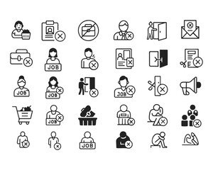 Set of outline icons related to jobless, firing, retirement. Linear icon collection