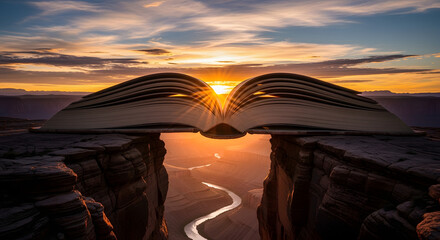 A giant open book forms a bridge over a deep canyon symbolizing how knowledge and stories can bridge divides and open new worlds.