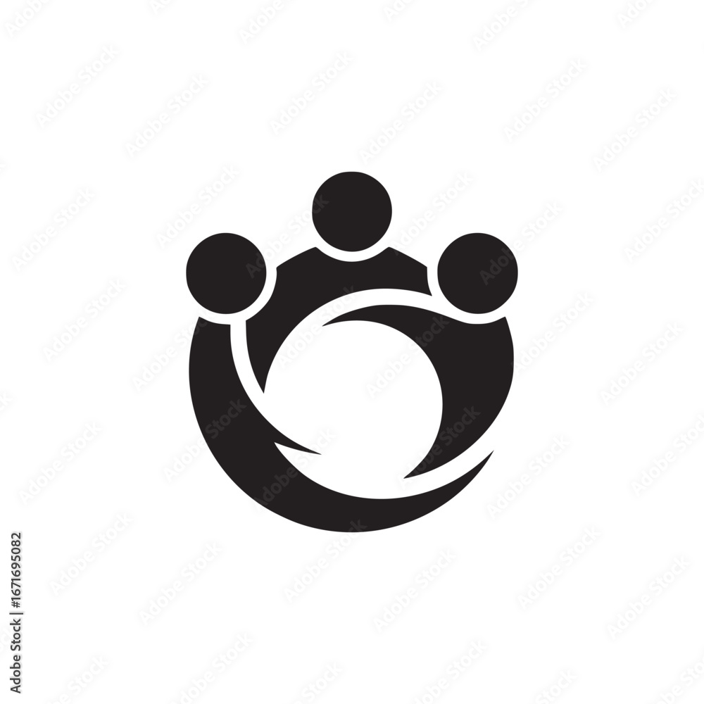 Poster a black and white logo of three people in a circle with an open space in the center of the image des
