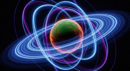 Digital rendering of an exoplanet with glowing rings in a stylized sci-fi view