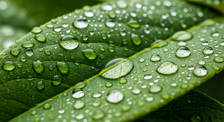 Close-up of raindrops on fresh green leaves, macro photography, ultra-sharp detail