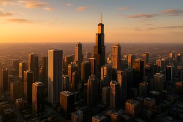 A scenic city skyline drone shot at golden hour, skyscrapers glowing, sharp urban textures, ultra realistic clarity, cinematic sunlight, clean render, noise free architecture