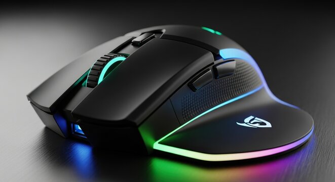 Close-up of a modern black gaming mouse with vibrant RGB lighting, showcasing its ergonomic design and advanced features
