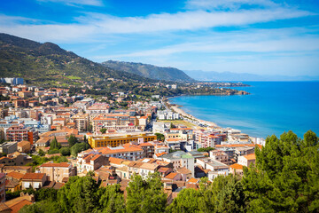 Cefalu city centre aerial panoramic view in Sicily