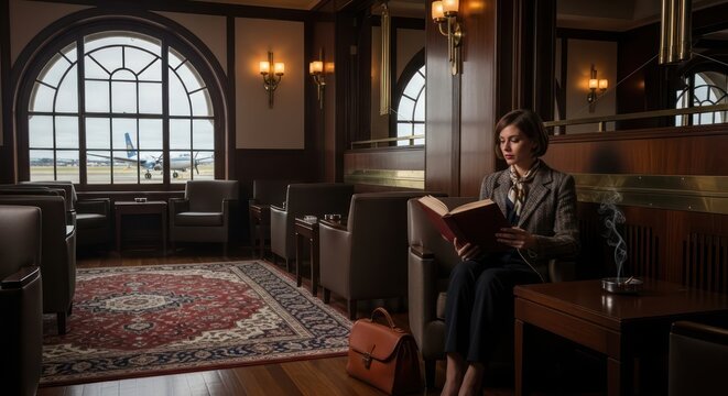 Elegant woman immersed in a book at upscale airport lounge ambiance offering calm before travel