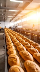 Obraz premium A long conveyor belt in a bakery facility carries rows of freshly baked loaves of bread.
