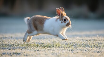 Energetic rabbit leaps across a frosty meadow illuminated by the morning sun