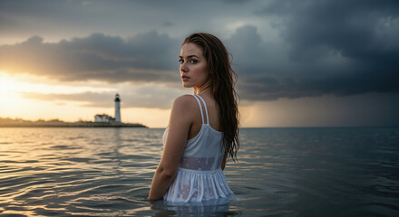 A woman with auburn hair stands alone in the stormy sea, her face illuminated by the last light of the sun as she braves the approaching clouds and quiet loneliness.