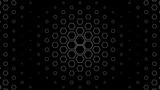 exagonal white grid recedes into depth, forming a tunnel-like perspective. Dynamic geometric layout on black background &mdash; futuristic, immersive, and clean. Great for tech or sci-fi visuals.