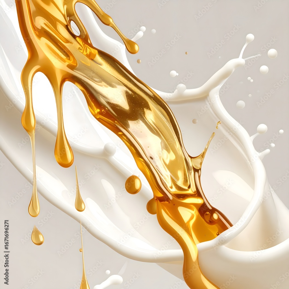 Poster Dynamic golden liquid pouring and splashing into a smooth white fluid, creating elegant abstract forms and drips against a light background.