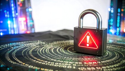Padlock with warning symbol on digital background