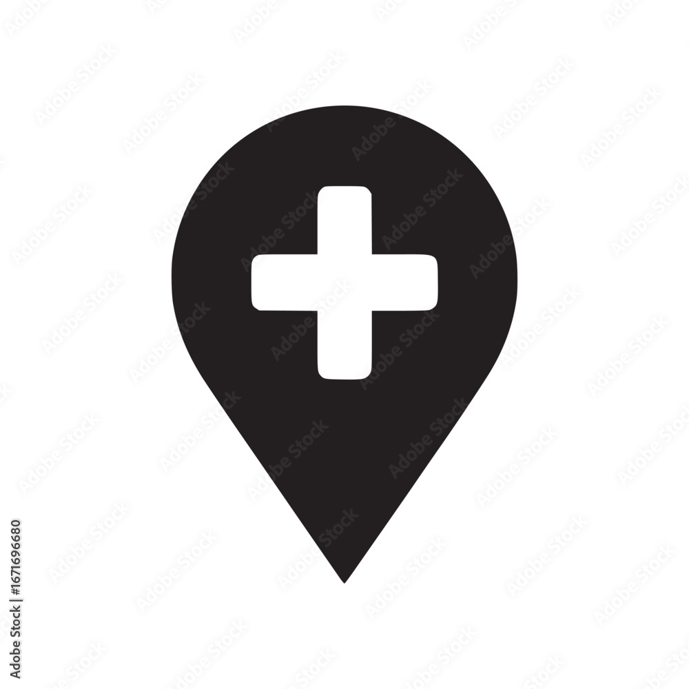 Poster a black map pin with a white plus sign centered on a white background in a minimalist design style