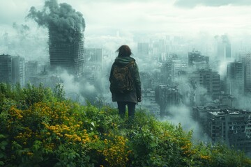 A lone figure gazes at a desolate urban landscape shrouded in smoke and greenery during twilight