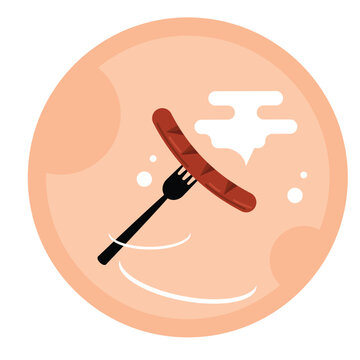 sausage on fork, cooked, steam, round background clip art preview