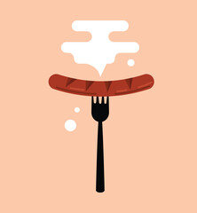 Fork Holding a Hot Sausage Flat Style. Traditional food and meat products vector art