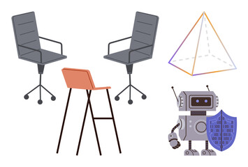 Robot holding shield with binary code, two office chairs, a bar stool, and pyramid shape. Ideal for technology, cybersecurity, workspaces, design geometry innovation collaboration. Simple flat