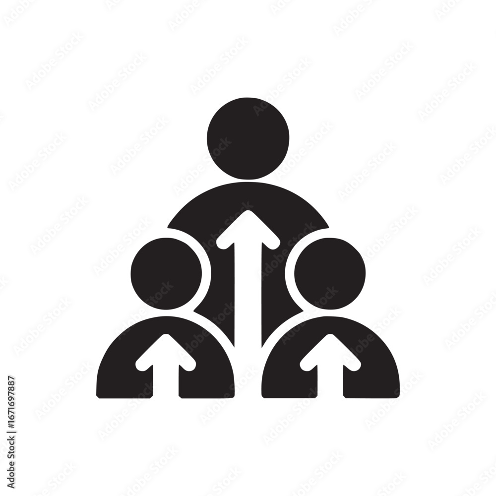 Poster black icon showing three people with arrows pointing upward on a white background simple design