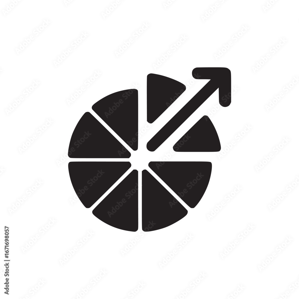 Poster black and white graphic of a segmented circle with an arrow pointing upwards to the right corner