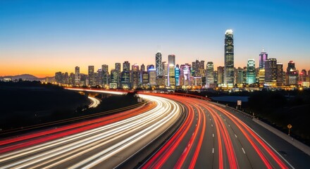 Obraz premium Hong Kong's urban skyline glows as vehicular light trails paint the nightscape