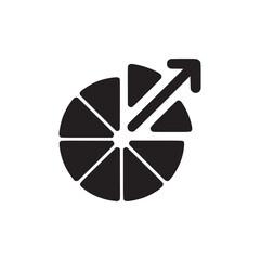 Black and white graphic of a segmented circle with an arrow pointing upwards to the right corner