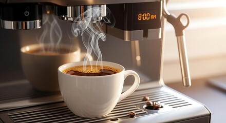 Hot steaming cup of espresso coffee next to a modern coffee machine